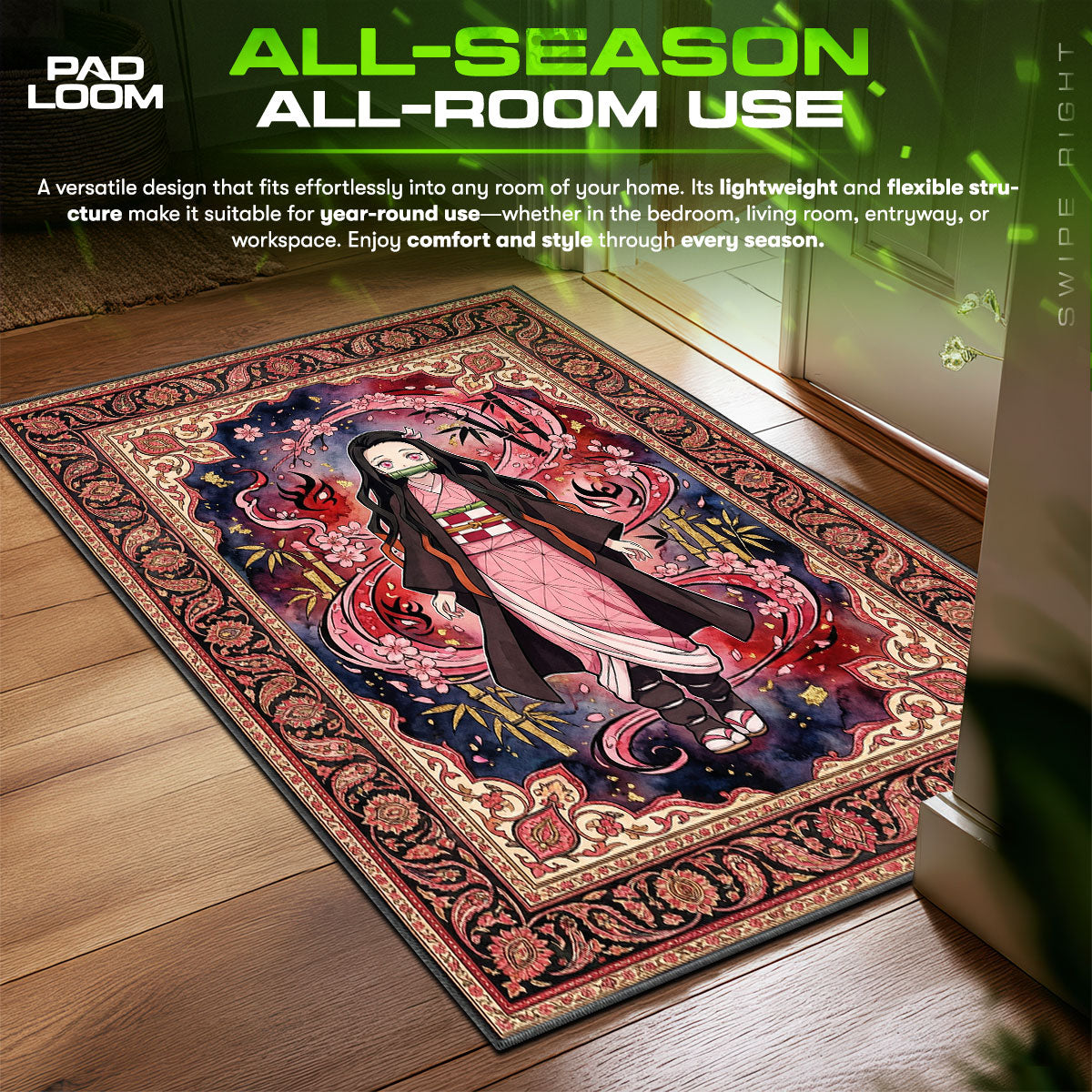 Nezuko Kamado Sakura Portrait Demon Slayer Chair fan rug — premium quality print