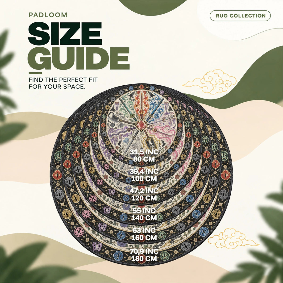 Nichirin Medallion round rug size guide, 80 to 180 cm (31.5 to 70.9 in)