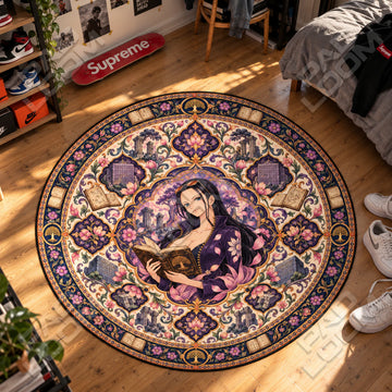 Nico Robin Reading One Piece round rug on a bedroom floor - One Piece chair mat