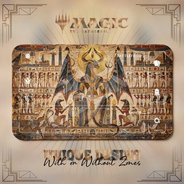 Nicol Bolas God-Pharaoh MTG playmat, orange and beige art with play zones, 24 x 14 in