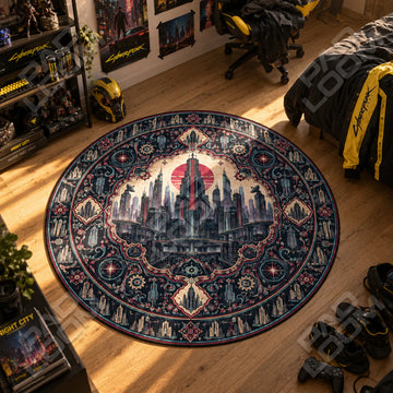 Night City Sunset Round Rug - Cyberpunk 2077 Chair Mat