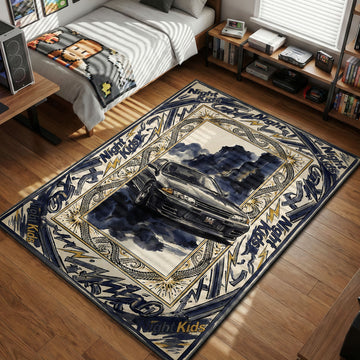 Initial D rug featuring Takeshi Nakazato's black Nissan Skyline R32 GT-R with Night Kids text and watercolor mountain background.