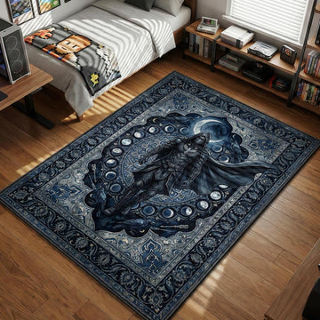 Skyrim Nightingale armor figure walking under moon phases with ravens ornate blue fantasy style gaming area rug and floor mat