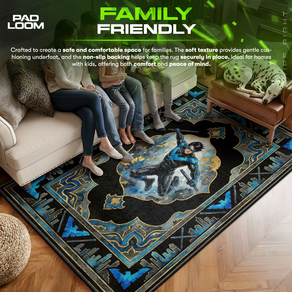 Detailed close-up of Nightwing rug pattern