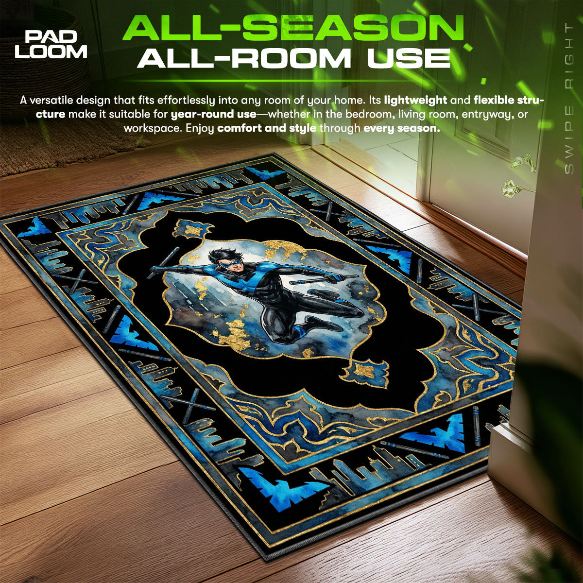 Nightwing area rug showing full home decor artwork