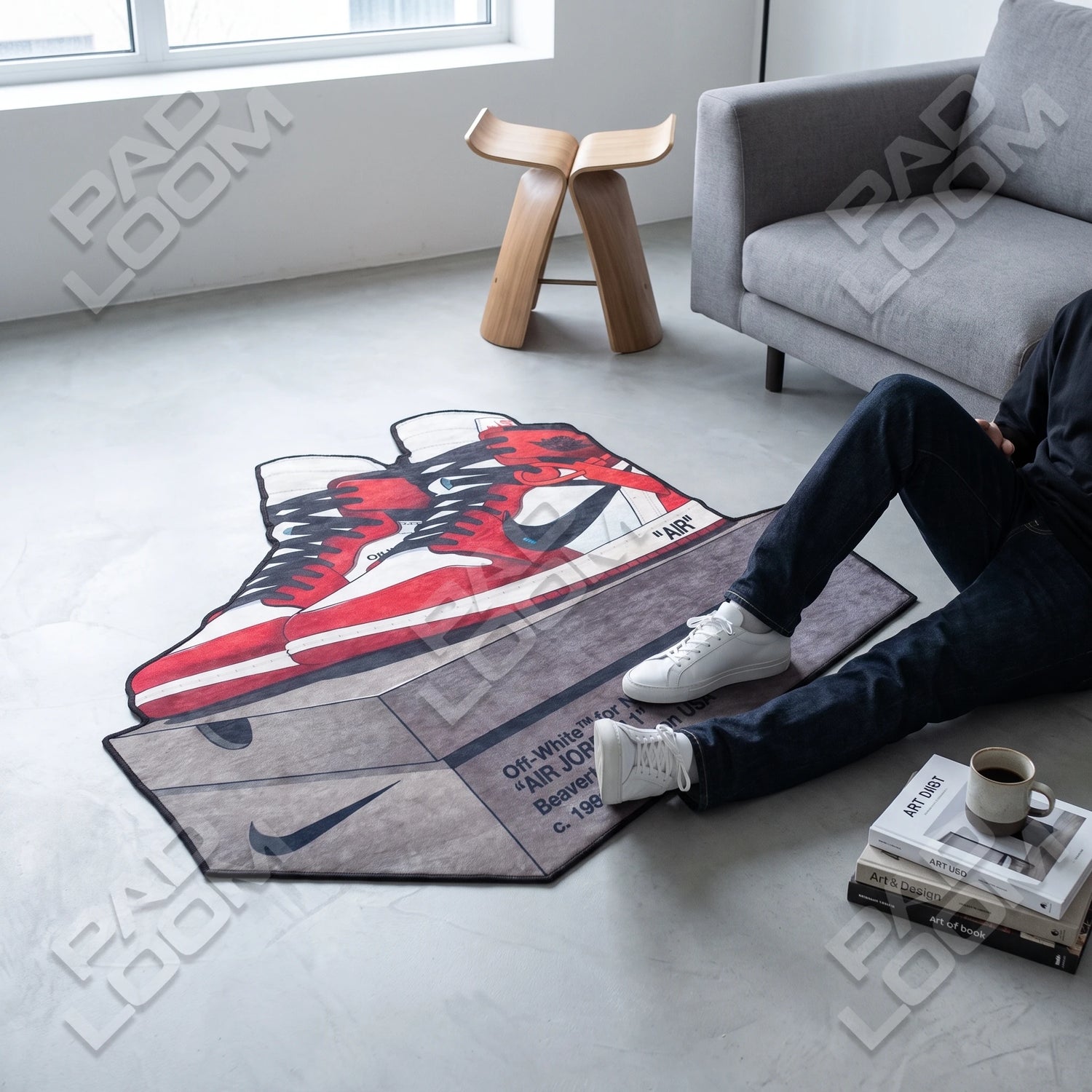 Nike Air Jordan shaped rug shown in a room setting