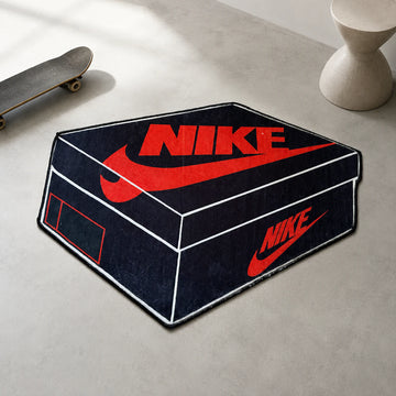 Nike Box shaped area rug, die-cut man cave rug