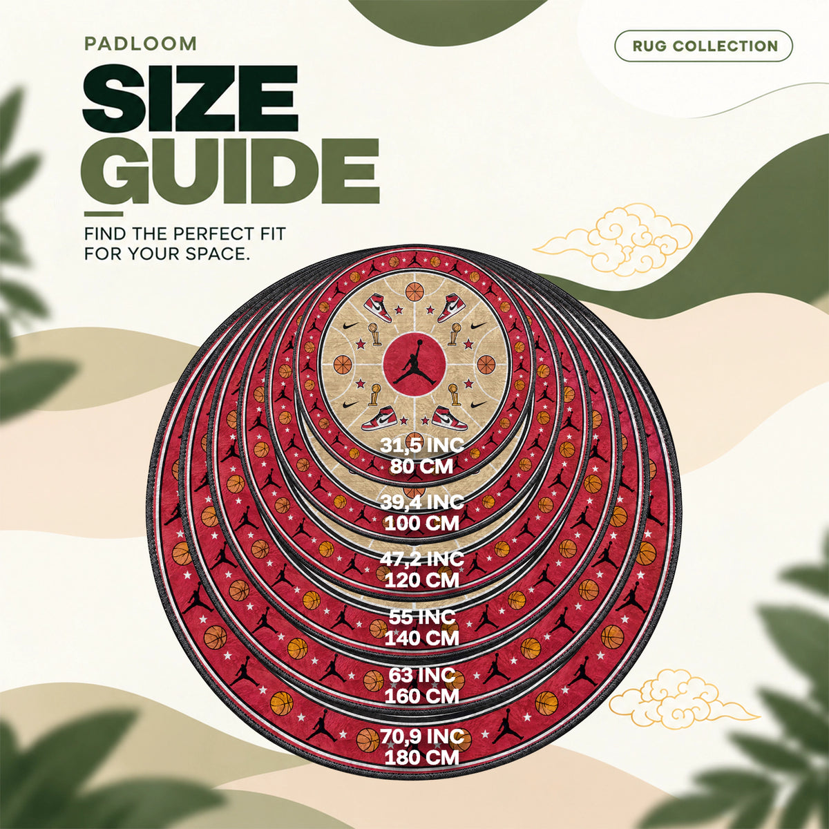 Nike Hardwood round rug size guide, 80 to 180 cm (31.5 to 70.9 in)