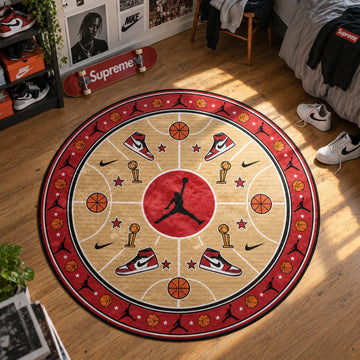 Nike Hardwood hypebeast round rug on a bedroom floor - hypebeast chair mat