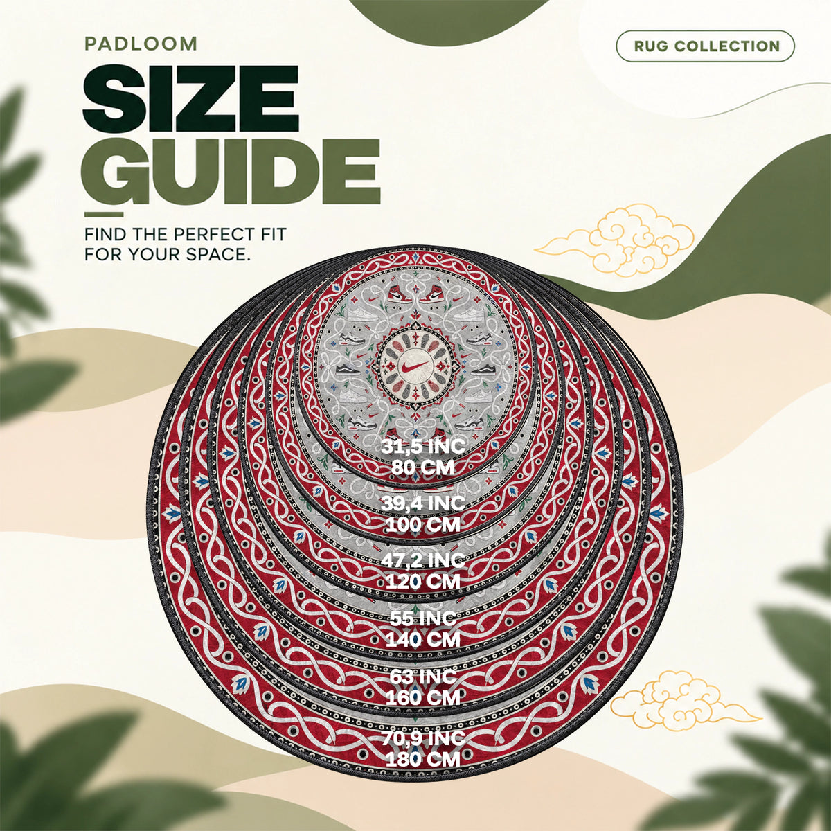 Nike Laces round rug size guide, 80 to 180 cm (31.5 to 70.9 in)