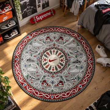 Nike Laces hypebeast round rug on a bedroom floor - hypebeast chair mat