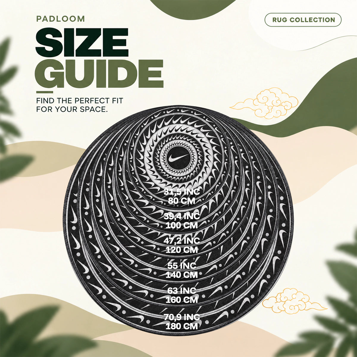 Nike Monochrome round rug size guide, 80 to 180 cm (31.5 to 70.9 in)