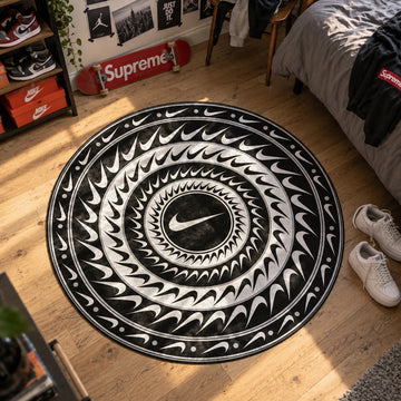 Nike Monochrome hypebeast round rug on a bedroom floor - hypebeast chair mat
