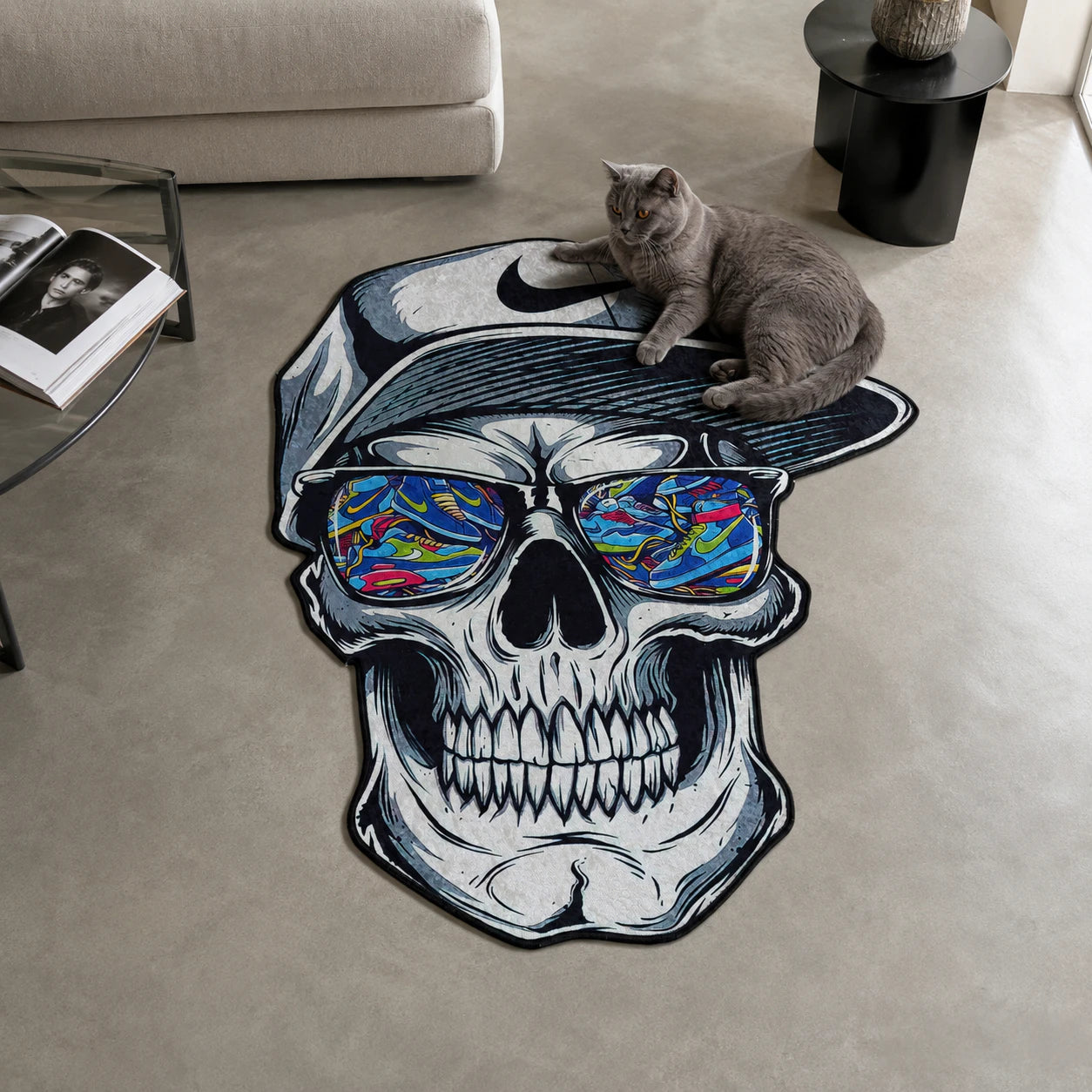 Nike Skull Rug - Shaped Gothic Area Rug