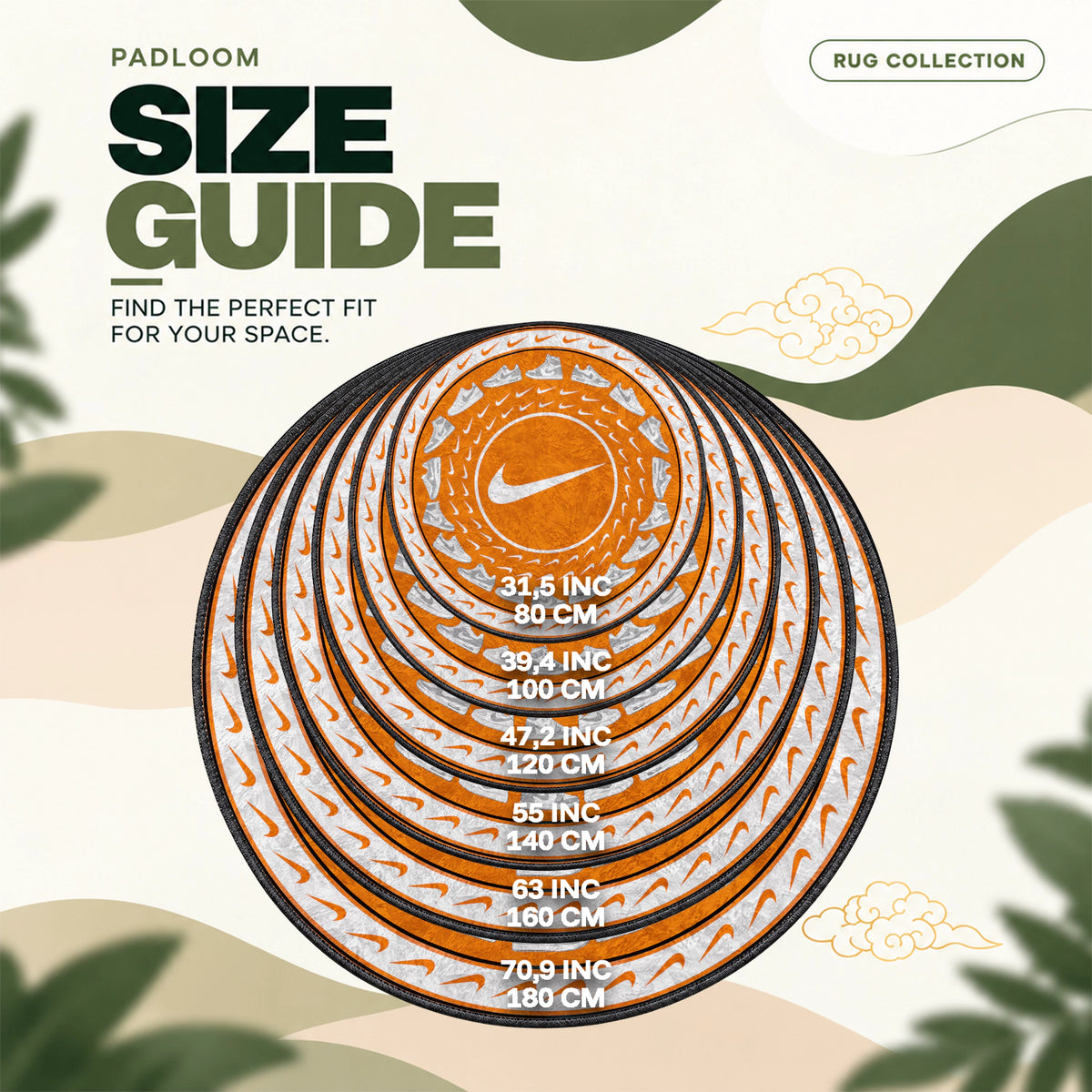 Nike Sneaker round rug size guide, 80 to 180 cm (31.5 to 70.9 in)