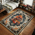 Nike sneaker box stack rug with dark navy center, cream baroque frame, and fragile cargo label border