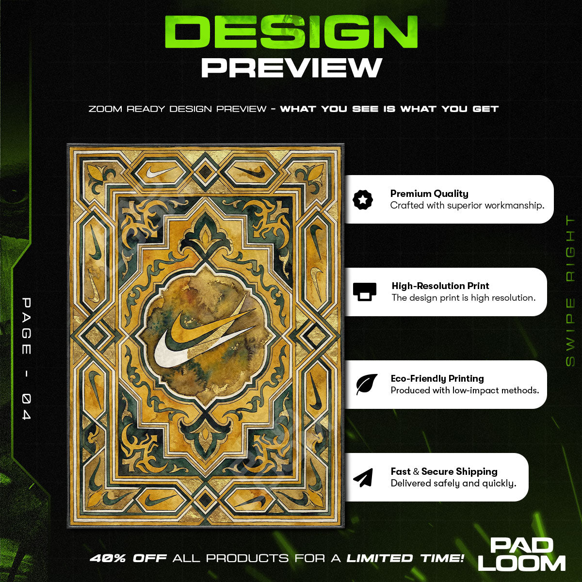 Nike Swoosh Gold Rug - Baroque Jade Floor Mat Decor