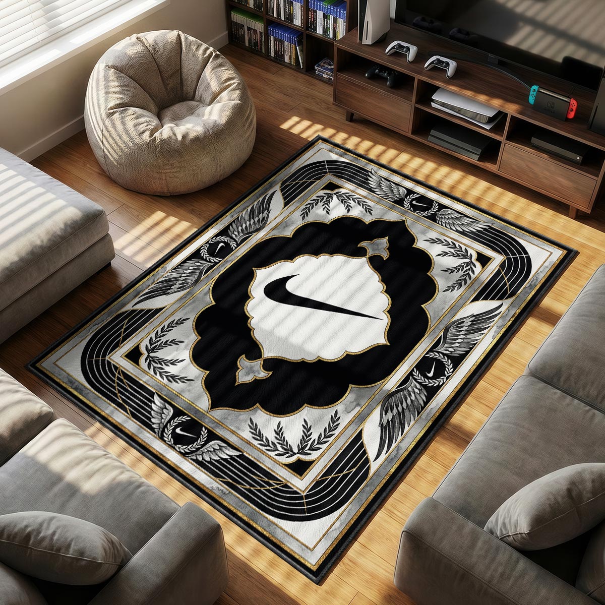 Nike Swoosh themed area rug for home decor fans