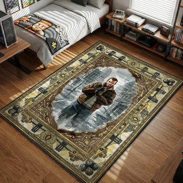 Niko Bellic standing in rainy Liberty City with bowling ball and taxi border details gaming area rug and floor mat
