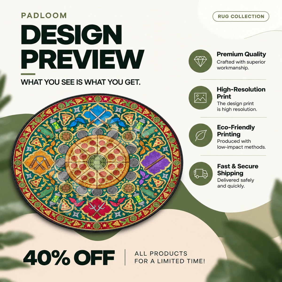 Ninja Turtles Pizza TMNT round rug full design preview