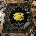 Nirvana yellow smiley face area rug with angel wings and water ripple details on black tapestry
