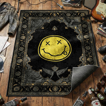 Nirvana yellow smiley face area rug with angel wings and water ripple details on black tapestry