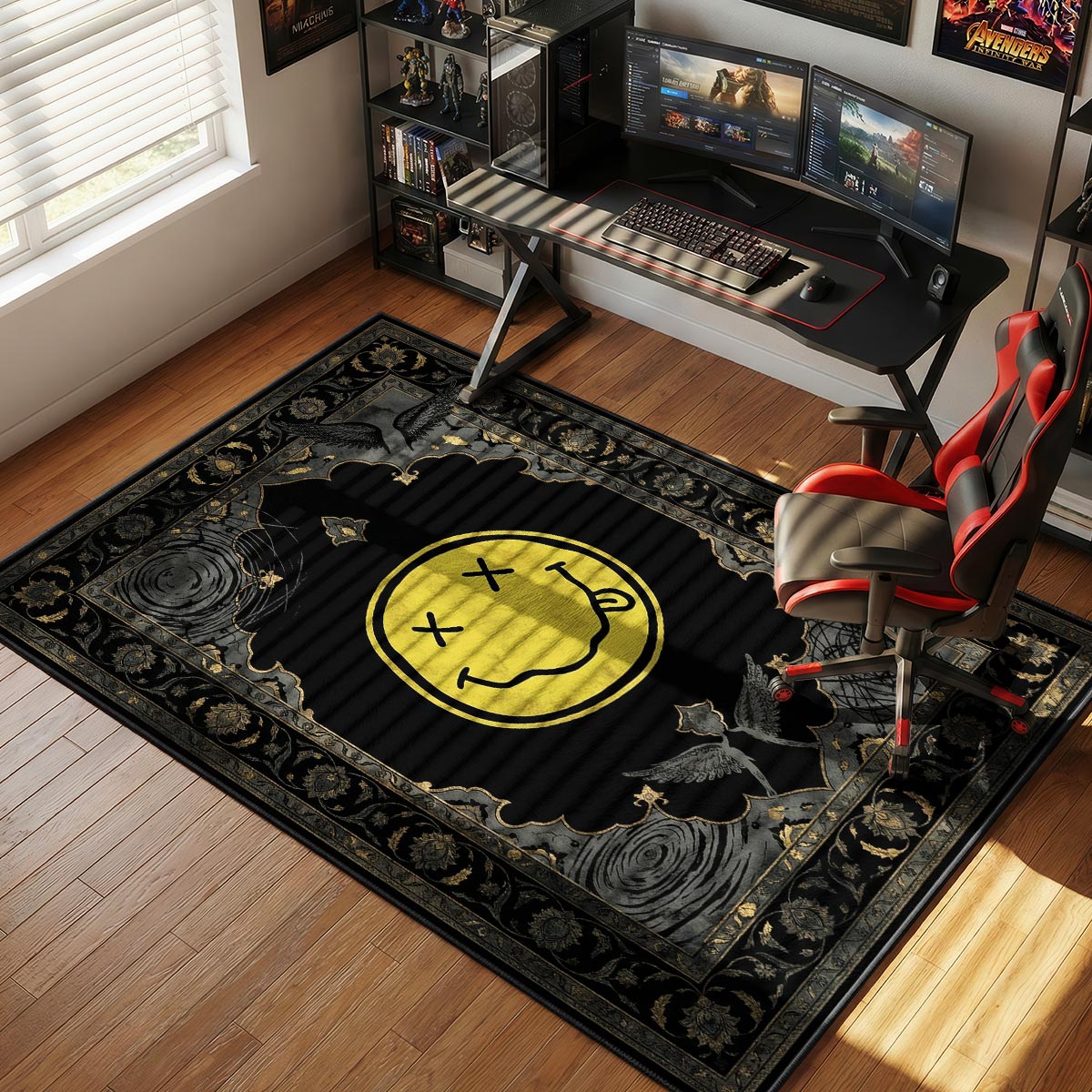 Nirvana grunge rug placed in a dark bedroom with matte black walls and minimal decor