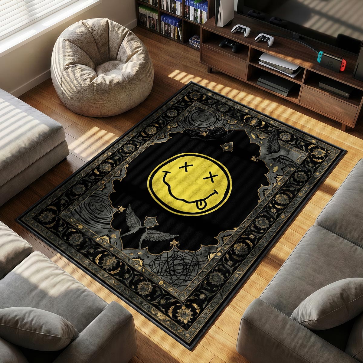Close-up of Nirvana area rug showing smiley X eyes detail and gold leaf border on velvet surface