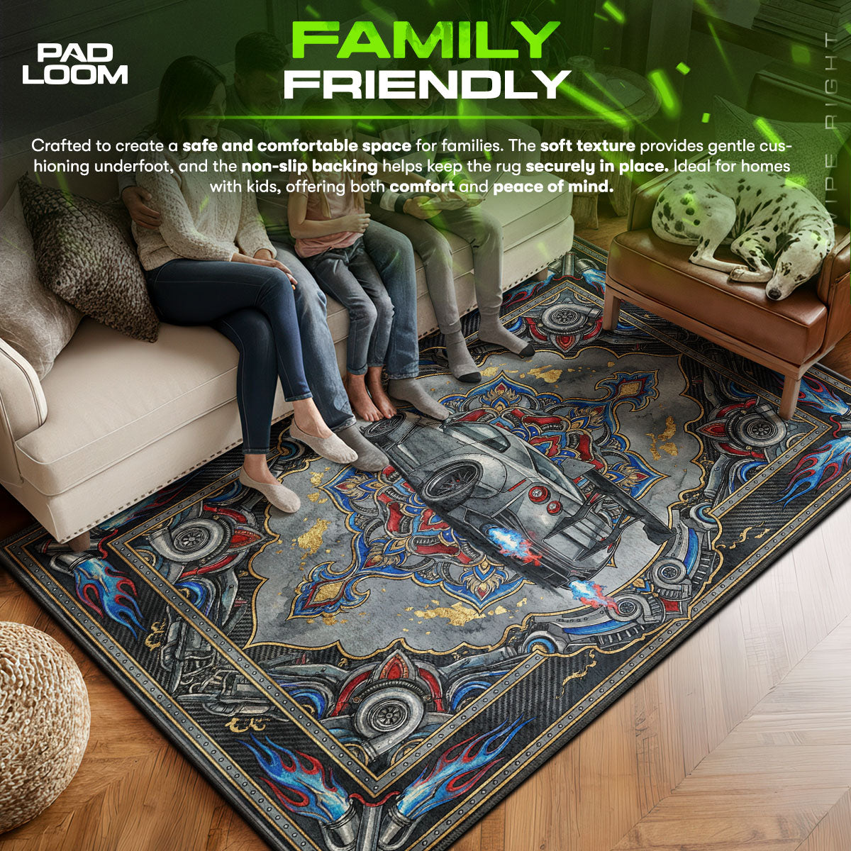 Nissan area rug showing full home decor artwork