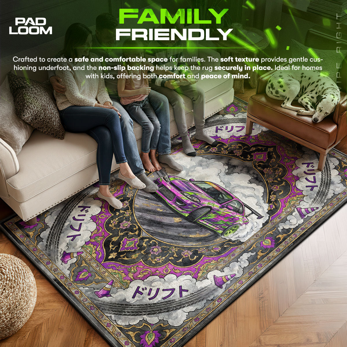 Nissan area rug showing full home decor artwork