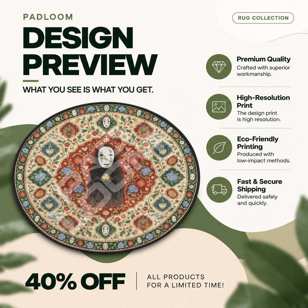 No Face Offering Studio Ghibli round rug full design preview