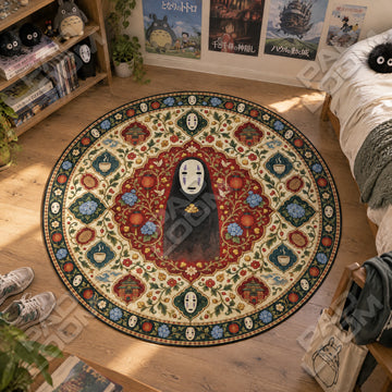 No Face Offering Studio Ghibli round rug on a bedroom floor - Studio Ghibli chair mat