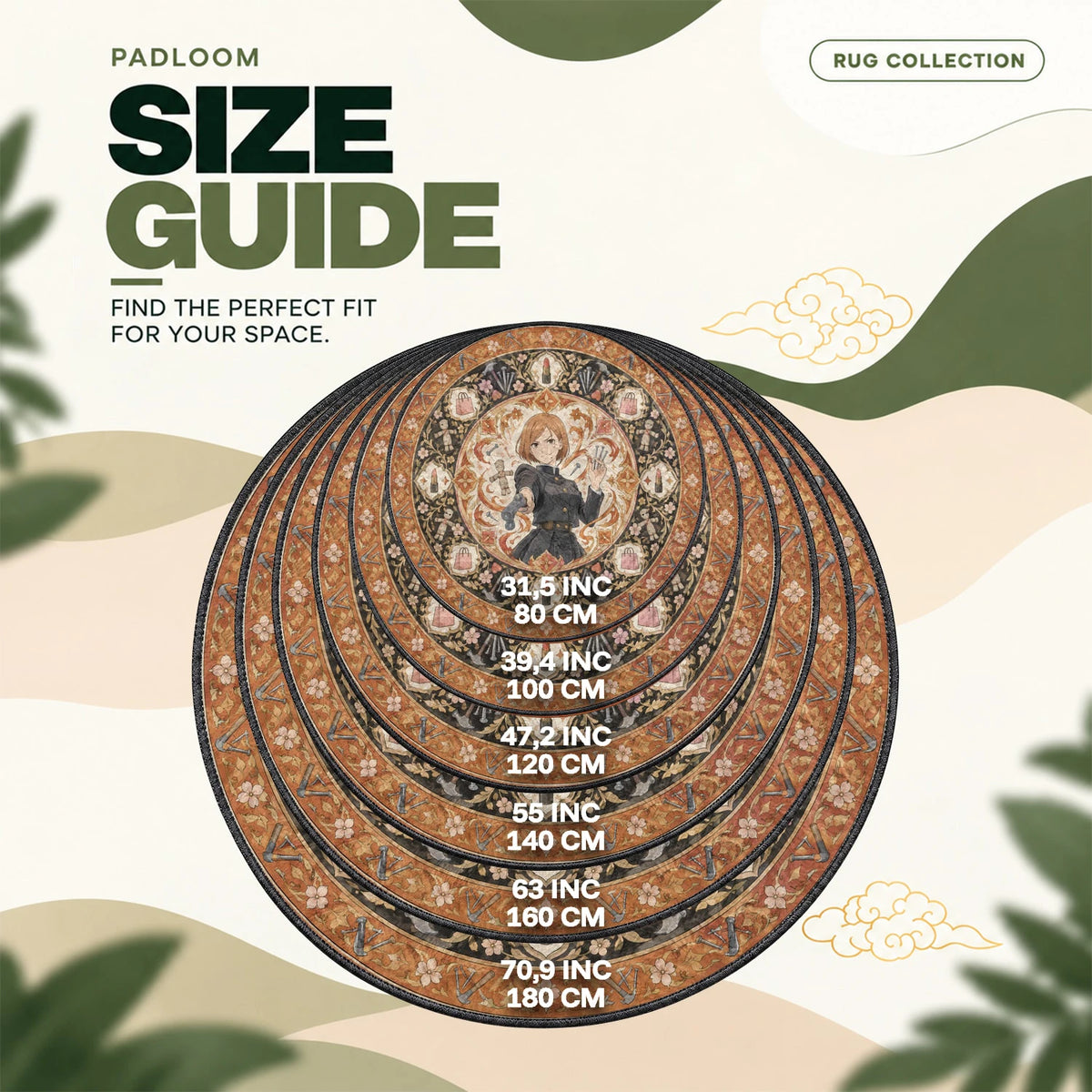 Nobara Hammer round rug size guide, 80 to 180 cm (31.5 to 70.9 in)