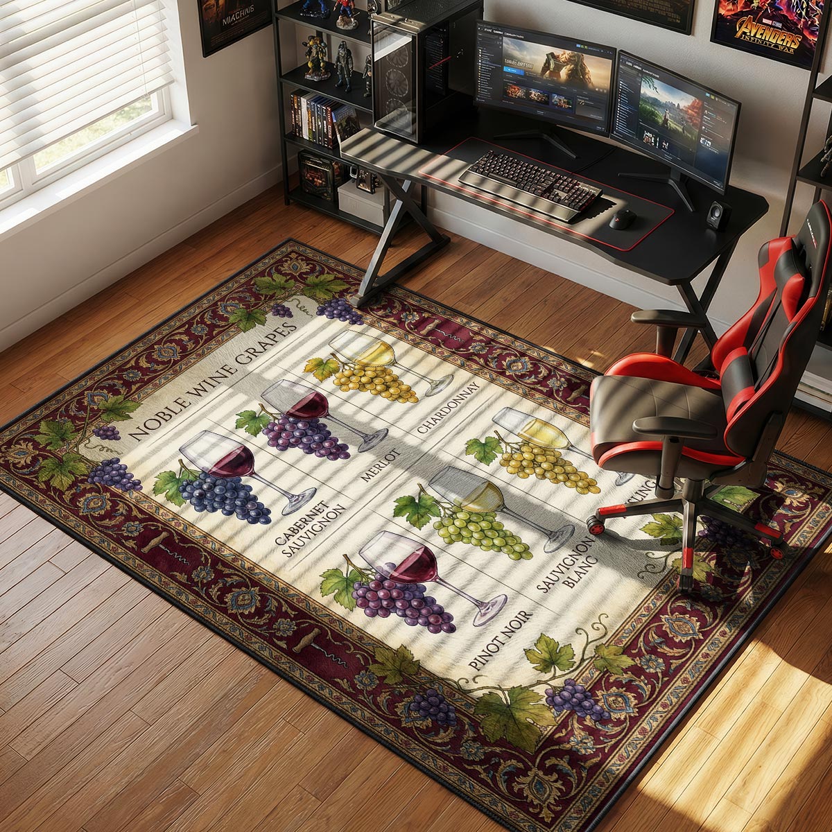 Wine grapes kitchen rug on dark hardwood floor near a wine rack and crystal stemware