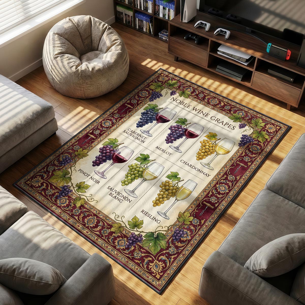 Close-up of wine grapes mat showing Pinot Noir cluster detail and rich burgundy border texture