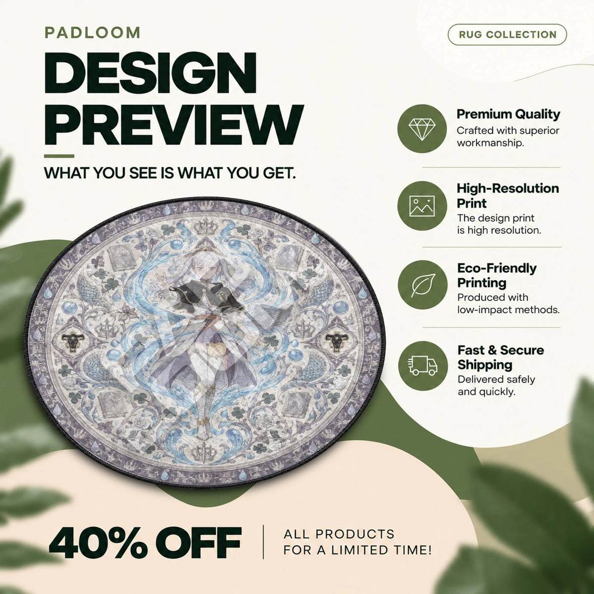 Noelle Water Black Clover round rug full design preview
