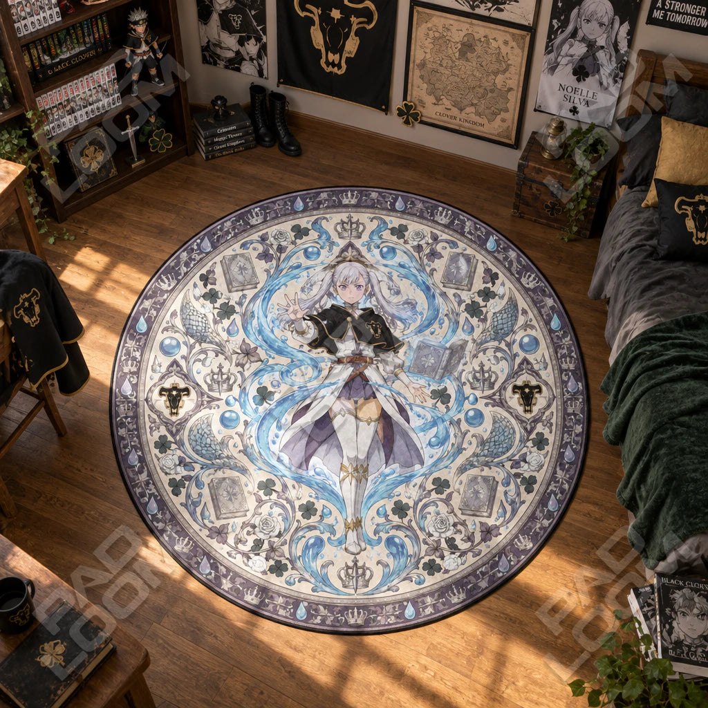 Noelle Water round rug shown in a styled room - Black Clover area rug