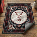 Gothic Non Serviam area rug with Sigil of Lucifer on marble surrounded by ravens and smoke