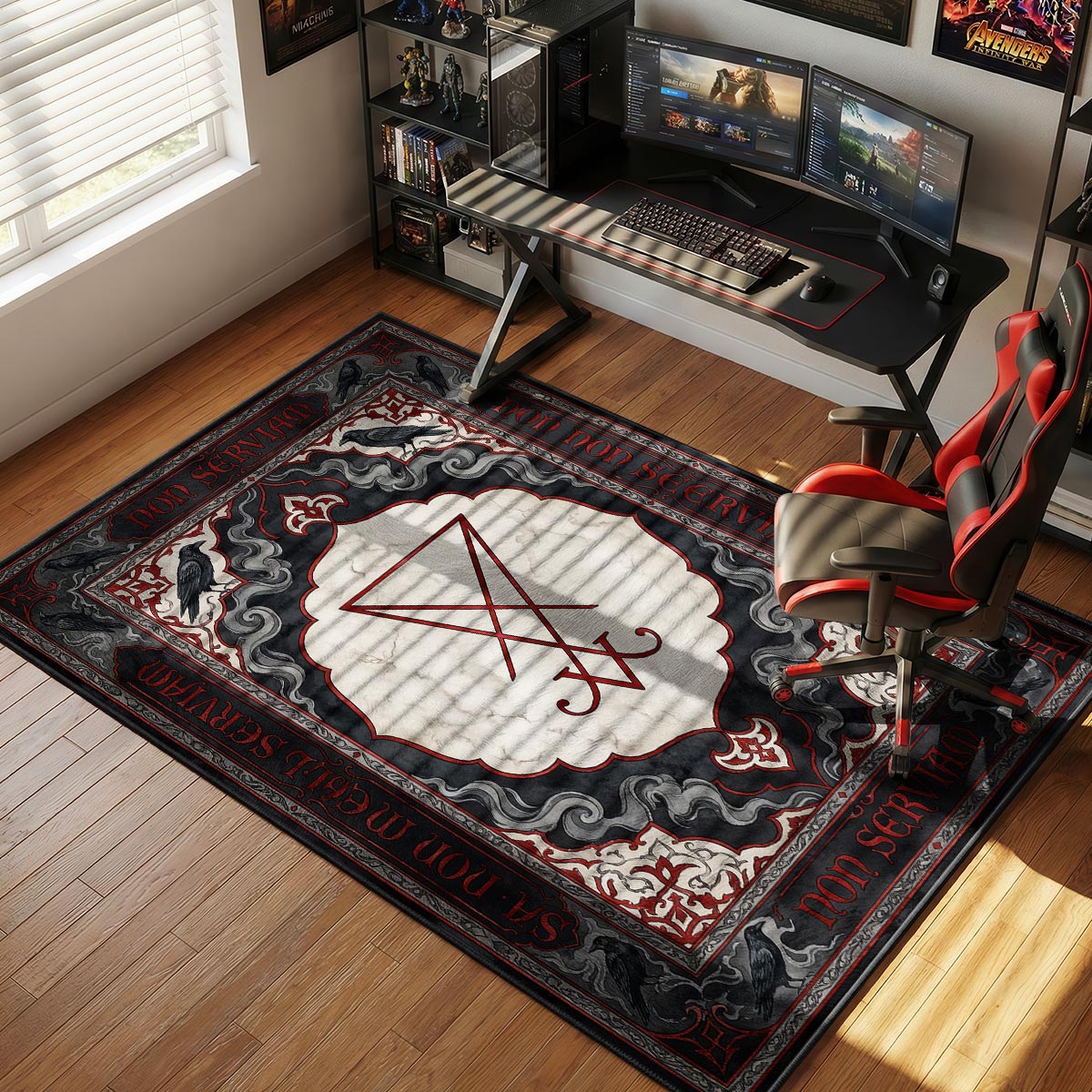 Non Serviam sigil rug placed in a study with dark shelves and moody overhead lighting