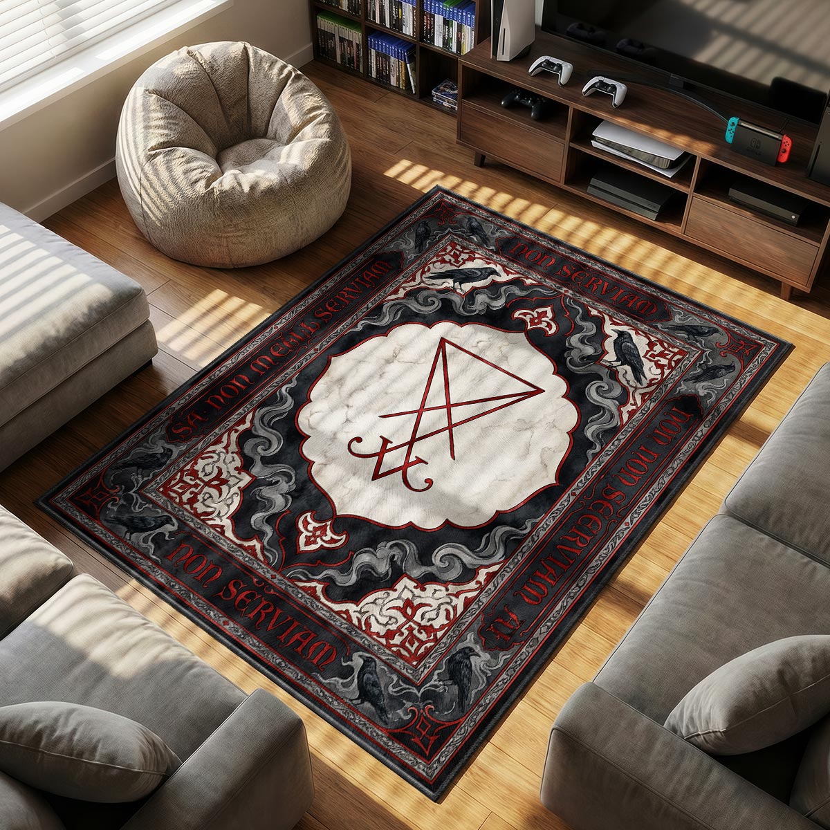 Close-up of Non Serviam rug showing crimson sigil detail and cracked marble texture on velvet