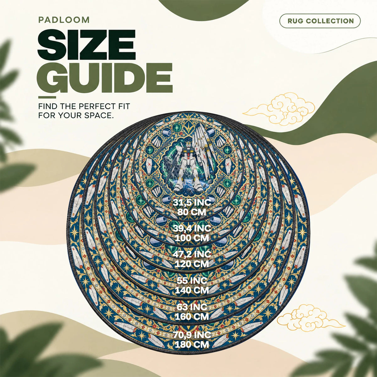 Nu Gundam Funnel round rug size guide, 80 to 180 cm (31.5 to 70.9 in)