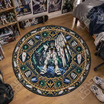 Nu Gundam Funnel Gundam round rug on a bedroom floor - Gundam chair mat