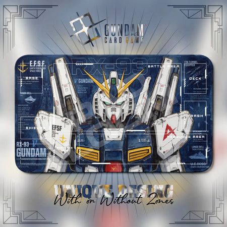 Nu Gundam RX-93 Gundam TCG playmat with card game zones – Base, Deck and Battle Area layout