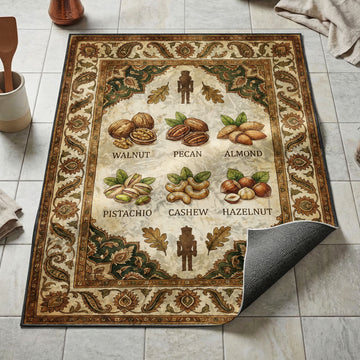 Six illustrated nut varieties kitchen mat with walnut pecan and hazelnut on green paisley border