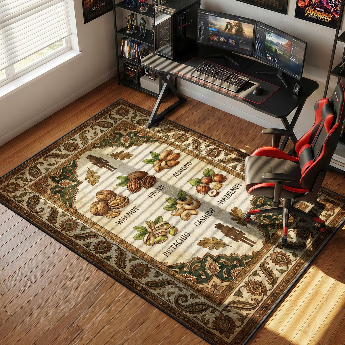 Nut varieties kitchen rug on warm hardwood floor near a wooden cutting board and mixing bowls