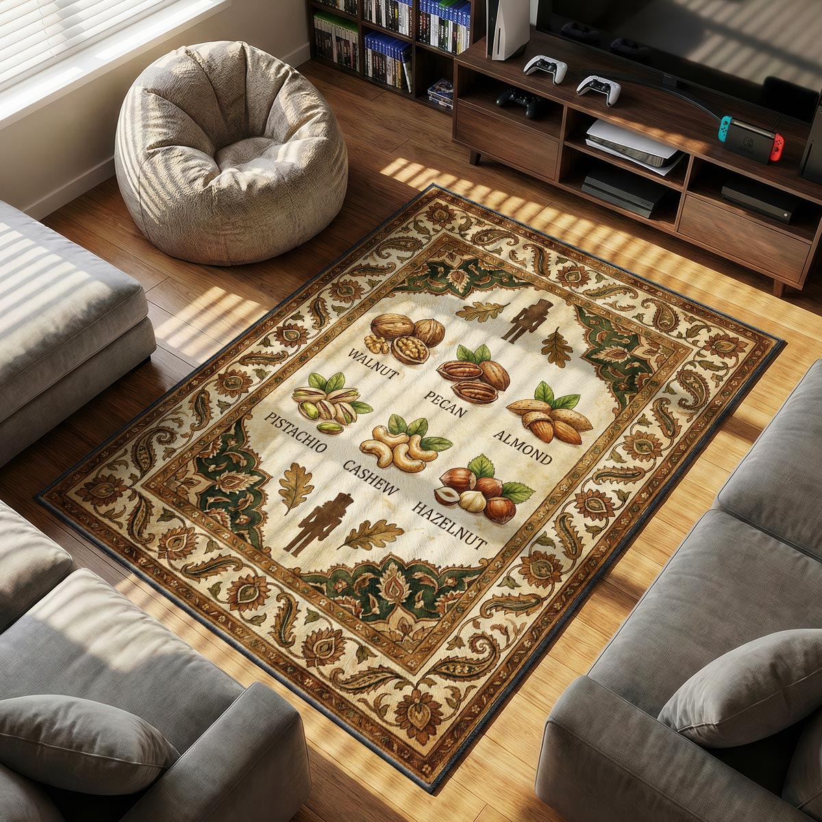 Close-up of nut varieties mat showing cracked walnut shell illustration and velvet fiber detail