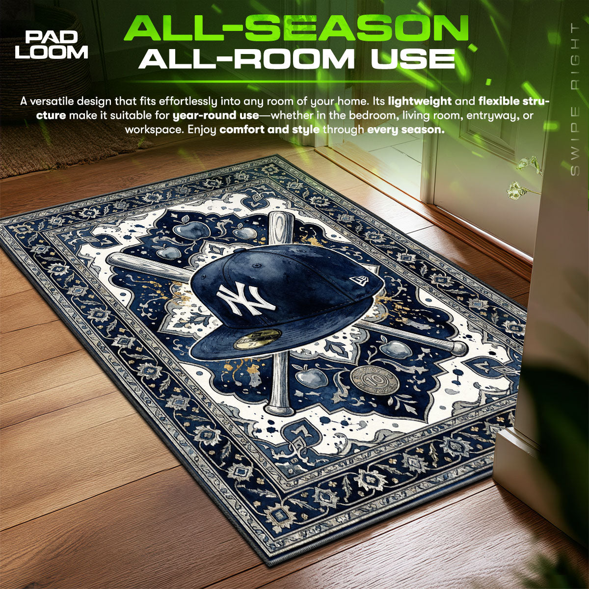 NY Yankees Blue Paisley Baseball Urban Floor fan rug — premium quality print
