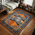 NYC blue and orange subway skyline rug with graffiti trains and ornate apple border