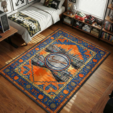 NYC blue and orange subway skyline rug with graffiti trains and ornate apple border