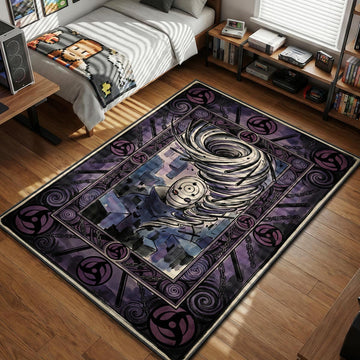 Obito Uchiha Tobi mask with Kamui spiral vortex and Rinnegan eye framed in purple chains rug design.